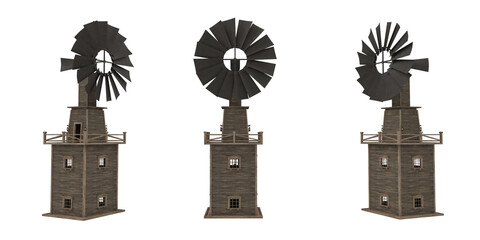 Old wooden wind mill water pump tower. Set of 3 views 3D render.