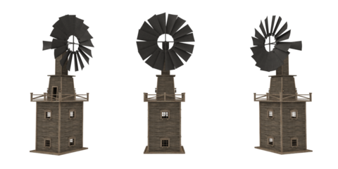 Old wooden wind mill water pump tower. Set of 3 views 3D render.