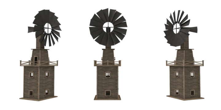 Old wooden wind mill water pump tower. Set of 3 views 3D render.