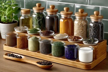 Kitchen shelf filled with vibrant spices high resolution picture