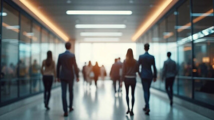 Blurred people walking in motion in modern office.