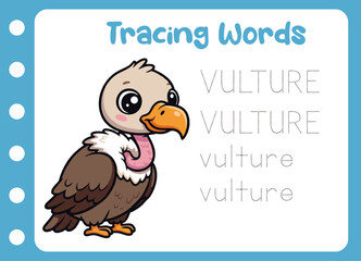 tracing the word of cute vulture. animal education game
