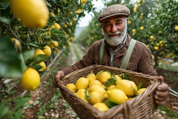 Smiling farm worker carries a full basket of ripe citrus fruit through a grove of lemon trees on a sunny day at harvest.