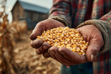Farmer holds dry corn kernels in his hands, inspecting the quality before the harvest season in agricultural field