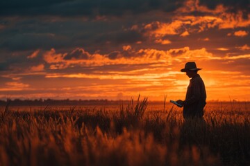 Agriculturist Inspecting Field with Tablet at Twilight, Examining Crops in Golden Field at Sunset, with dramatic sky and orange clouds