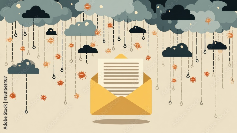 Poster phishing email surrounded by malware clouds showcasing cyber threats in digital space during contemp