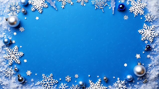 Festive Winter Wonderland Blue Christmas Background with Snowflakes and Ornaments