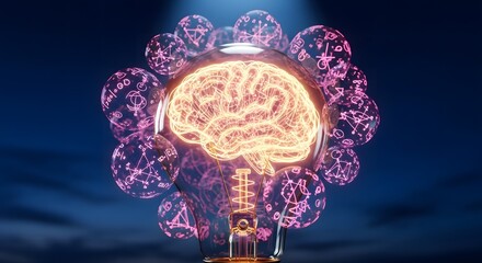 Illuminated Brain Within Lightbulb Surrounded by Glowing Equations