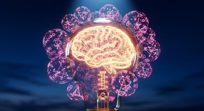 Illuminated Brain Within Lightbulb Surrounded by Glowing Equations