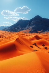 Majestic desert dunes under blue skies with rugged mountains in the background