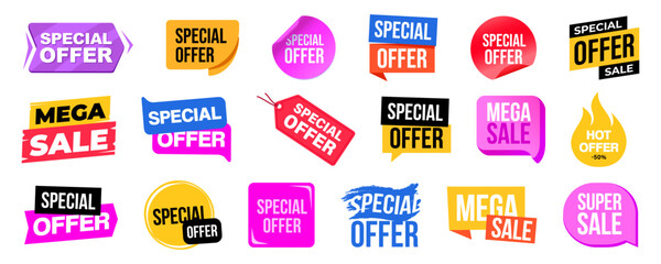 Special offer, mega sale and hot discount labels in different shapes and styles.