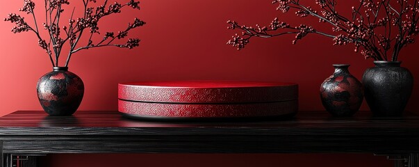 Elegant Oriental style decor with red and black accents and floral details
