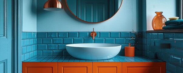 Modern bathroom with blue tiles and stylish orange accents