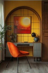 Modern workspace with vibrant orange chair and stylish decorative touches