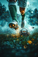Dynamic soccer play with player and ball in action on wet field
