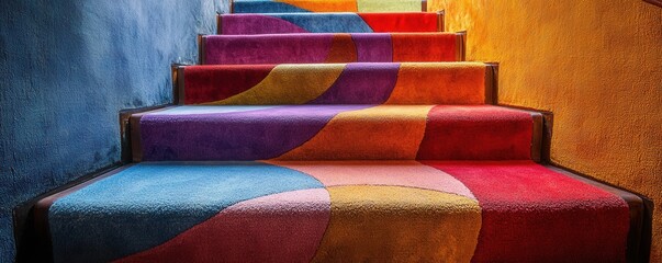 Colorful carpeted stairway with vibrant patterns and textured walls