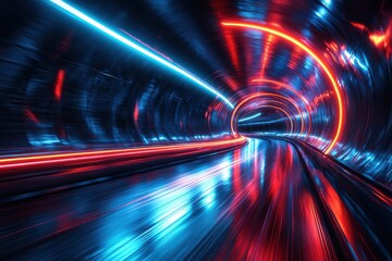 Futuristic tunnel abstraction with glowing blue and red light trails