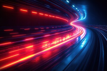 Abstract neon light trails in a curved futuristic tunnel