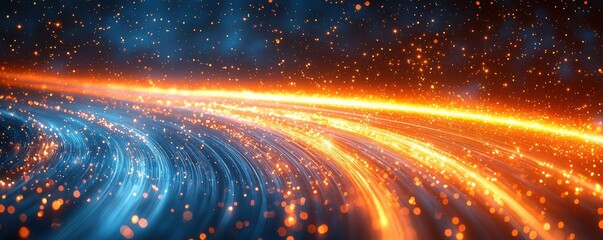 Abstract blue and orange light streaks with golden glowing particles