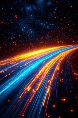 Abstract light trails in vibrant blue and yellow hues over a cosmic background