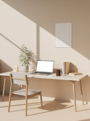 Minimalist Home Office with Laptop and Plant &ndash; Light Aesthetic Workspace
