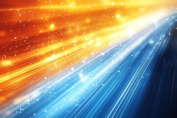 Abstract light streaks of blue and yellow with glowing particles