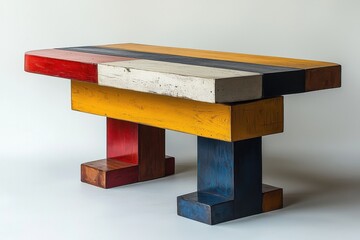 Colorful geometric wooden table with bold design elements and modern style