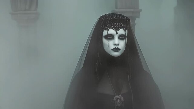 Mysterious nun with gothic makeup and black veil emerges from thick fog amidst ancient ruins, creating a chilling and suspenseful atmosphere