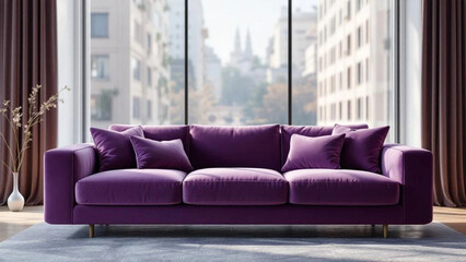 Purple velour sofa in the modern room. 