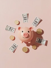 Piggy Bank Surrounded by Money &ndash; Financial Growth and Savings