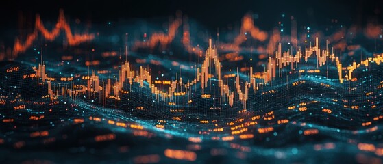 Abstract visualization of data as a dark, undulating landscape with orange and blue glowing peaks and valleys, resembling a financial chart