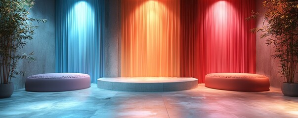 Colorful minimalist stage design with podiums and ambient lighting