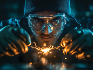 Man in Safety Goggles with Sparks - Industrial Work & Protection