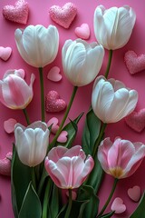 White tulips with glittery hearts on a vibrant pink background