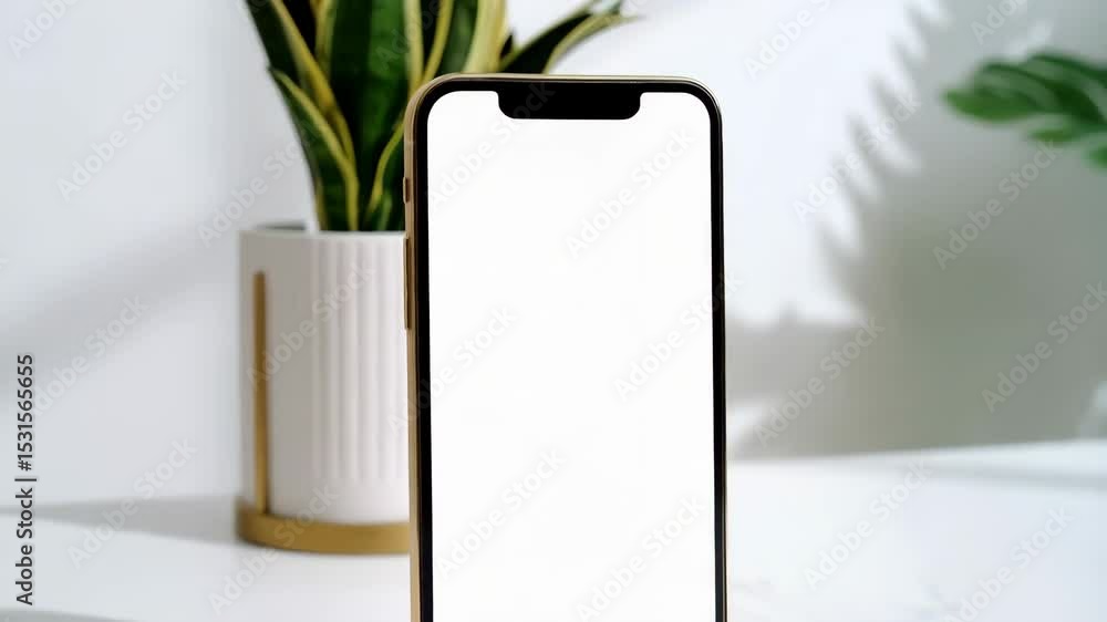 Poster modern cellphone with blank screen display and green plants in the background on a marble table idea