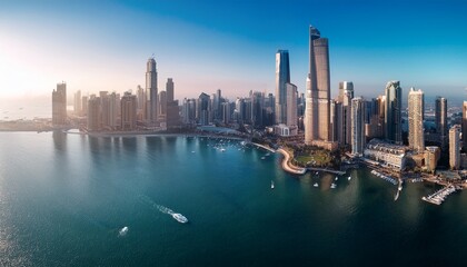 Obraz premium aerial image of city skyline with surrounding water