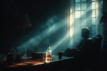 Contemplative man seated near a window and a bottle of whiskey indoors