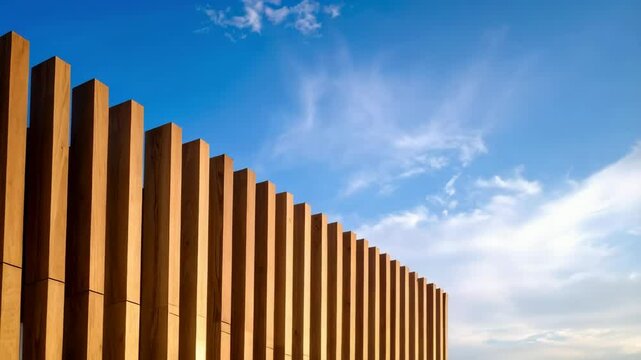 Modern facade with a series of wooden planks against a clear blue sky with a few white clouds, creating geometric architectural patterns