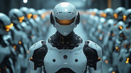 White humanoid robot with glowing eyes standing in line with identical robots in lab environment. Concept of artificial intelligence future