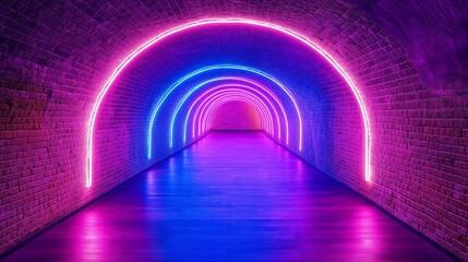 Glowing neon tunnel with rainbow lights reflecting on glossy floor in futuristic hallway. Concept of retro cyber aesthetics