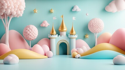 Fantasy pink and blue castle with golden towers surrounded by candy-like trees on pastel background. Concept for children’s fairy tale world
