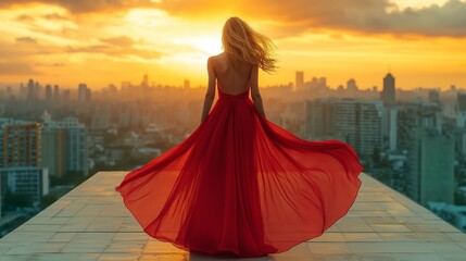 Woman in flowing red dress standing on rooftop terrace at sunset with city skyline in background. Concept of urban elegance and contemplation