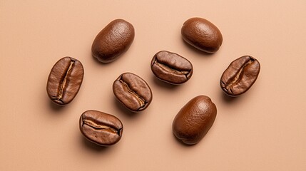 Scattered roasted coffee beans on light beige background in minimal layout. Concept for coffee branding and aroma