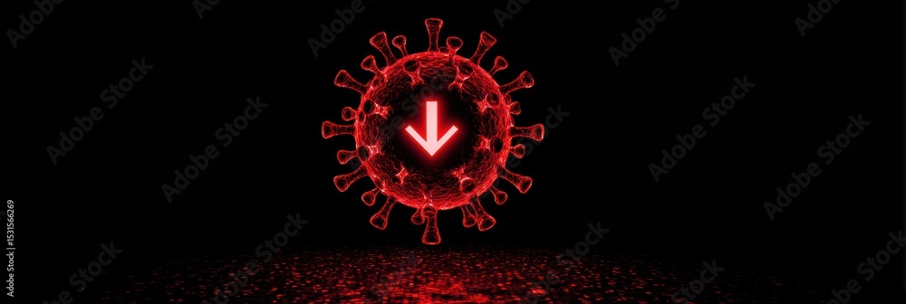 Poster virus-laden download icon glows red in dark space, warning users of potential threats from online co