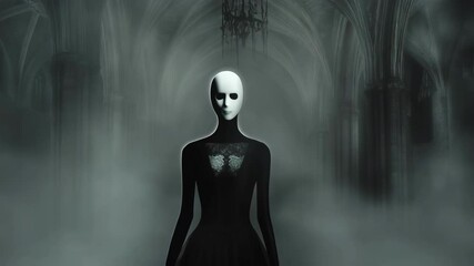 Gothic horror scene depicting a mysterious woman in a long black dress and white mask, gracefully walking through a foggy cathedral, creating an eerie and suspenseful atmosphere