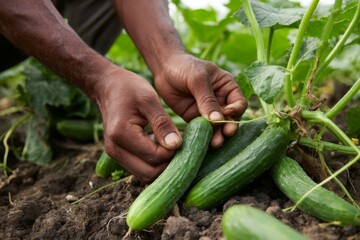 Black Person Harvesting Fresh Cucumbers in Vegetable Garden Setting