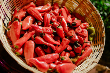 Basket overflowing with vibrant red chili peppers, promising a spicy culinary experience. A...