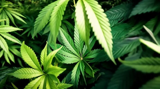 Lush green cannabis foliage forming a vibrant natural background with dynamic depth and textured leaf surfaces