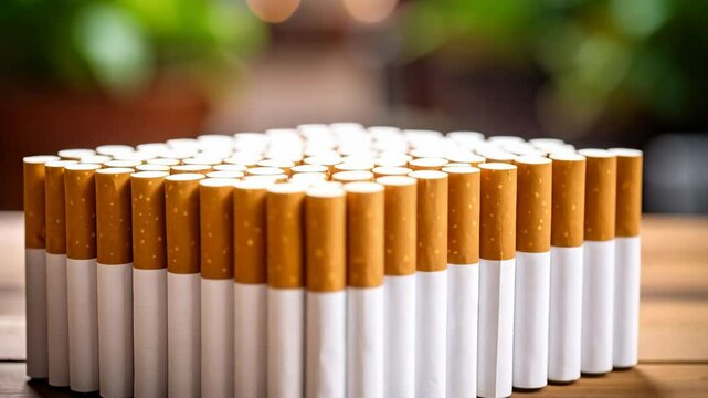 Aligned array of filtered cigarettes with tan filters stacked on wood against a blurred green background representing addiction and health risk.
