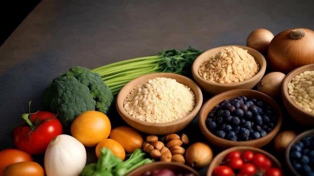 Nutritious assortment of grains, legumes, fruits, and vegetables served in individual wooden bowls on a dark flat surface, healthy food concept